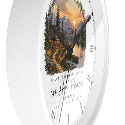 Scenic Cabin Christian Wall Clock - 'In His Peace Let Your Heart Rest'