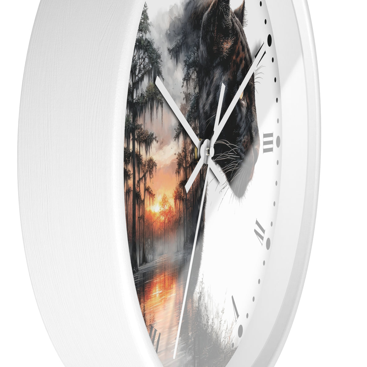 A white round wall clock with a split design: one half shows a black panther face, and the other half shows a misty forest at sunset. The clock has white hands and black Roman numerals.