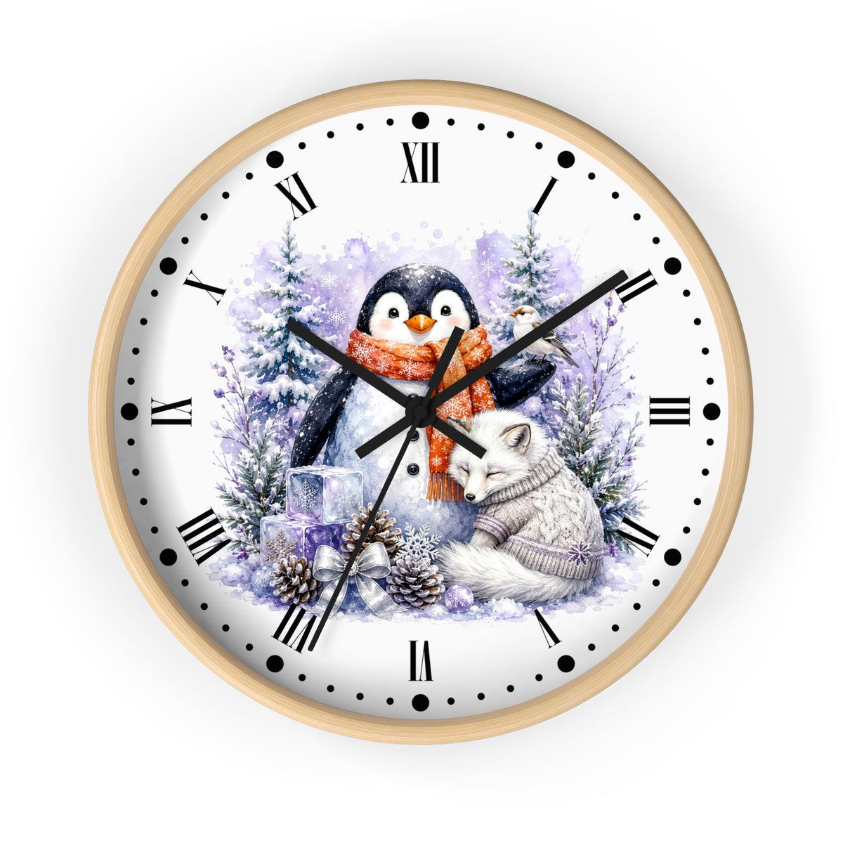 A round wall clock with a light wood frame and a white face featuring a winter illustration of a penguin, fox, pine trees, and snow. The clock has black Roman numerals and hands.