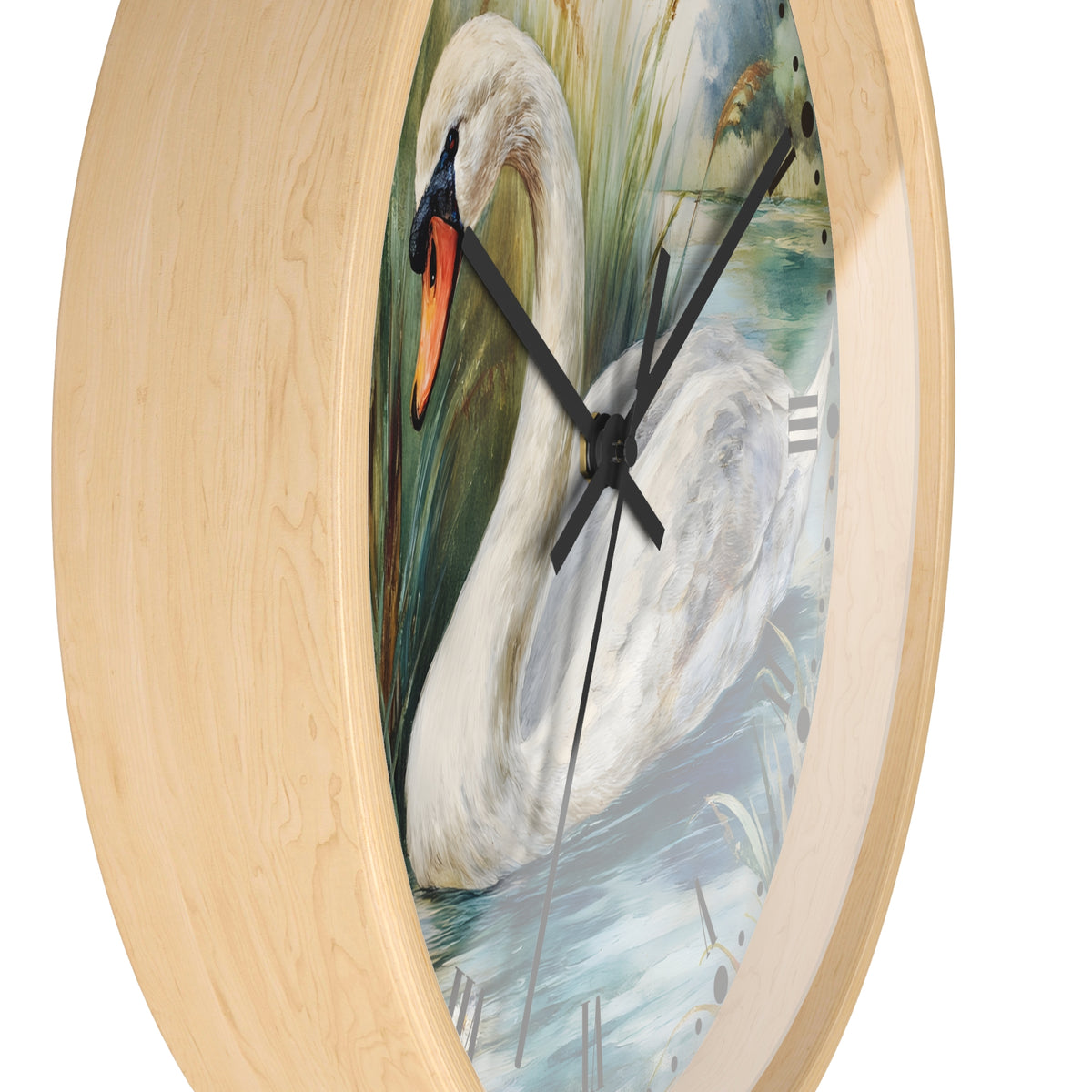 Round wall clock with a light natural wood frame and a printed swan artwork on the face, shown against a plain white background.