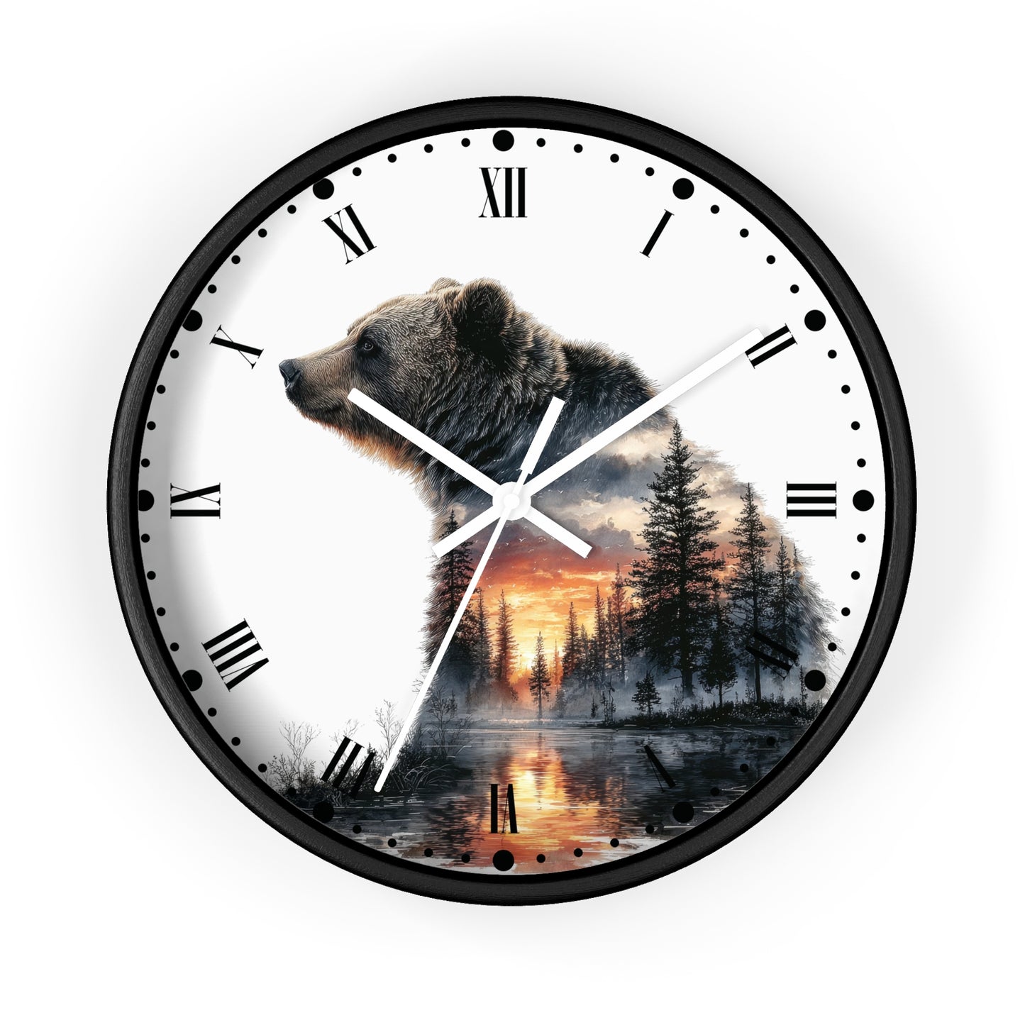Bear Silhouette Wall Clock — Mountain Sunset Forest Double Exposure Decor