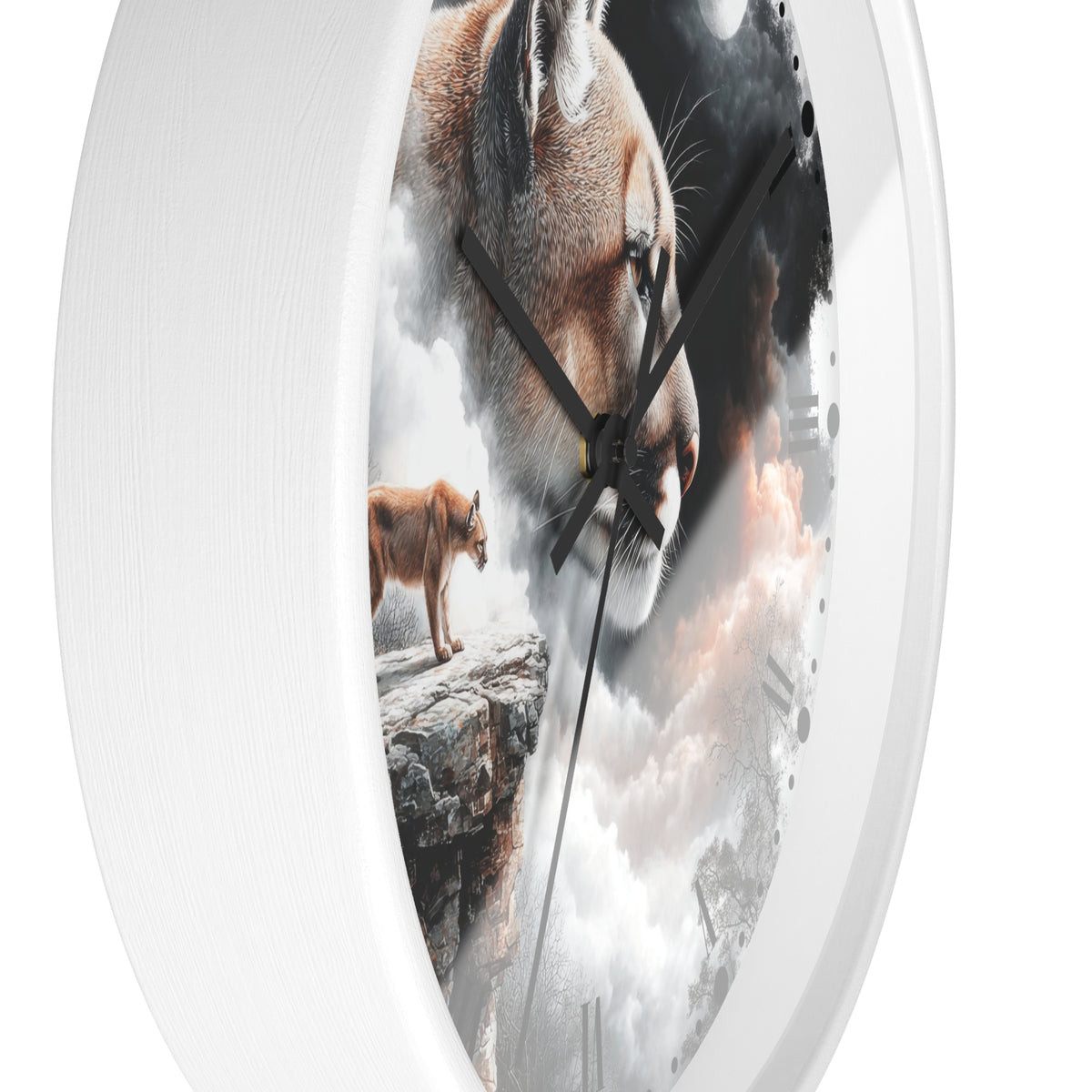 A round white wall clock with a surreal printed face showing a large cougar face, a smaller cougar standing on a rock, and dramatic clouds, photographed against a plain white background.