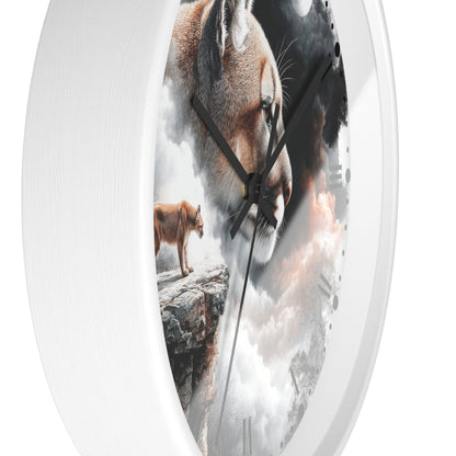 A round white wall clock with a surreal printed face showing a large cougar face, a smaller cougar standing on a rock, and dramatic clouds, photographed against a plain white background.