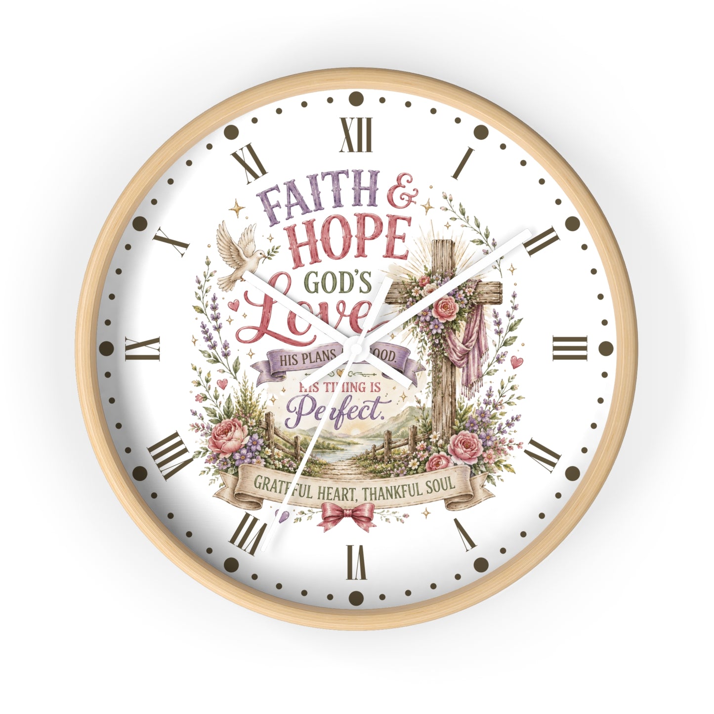 A round wall clock with a light wood frame and a white face featuring a religious illustration and the words 'FAITH & HOPE GOD'S Love' and 'PERFECT' in a decorative floral wreath design.