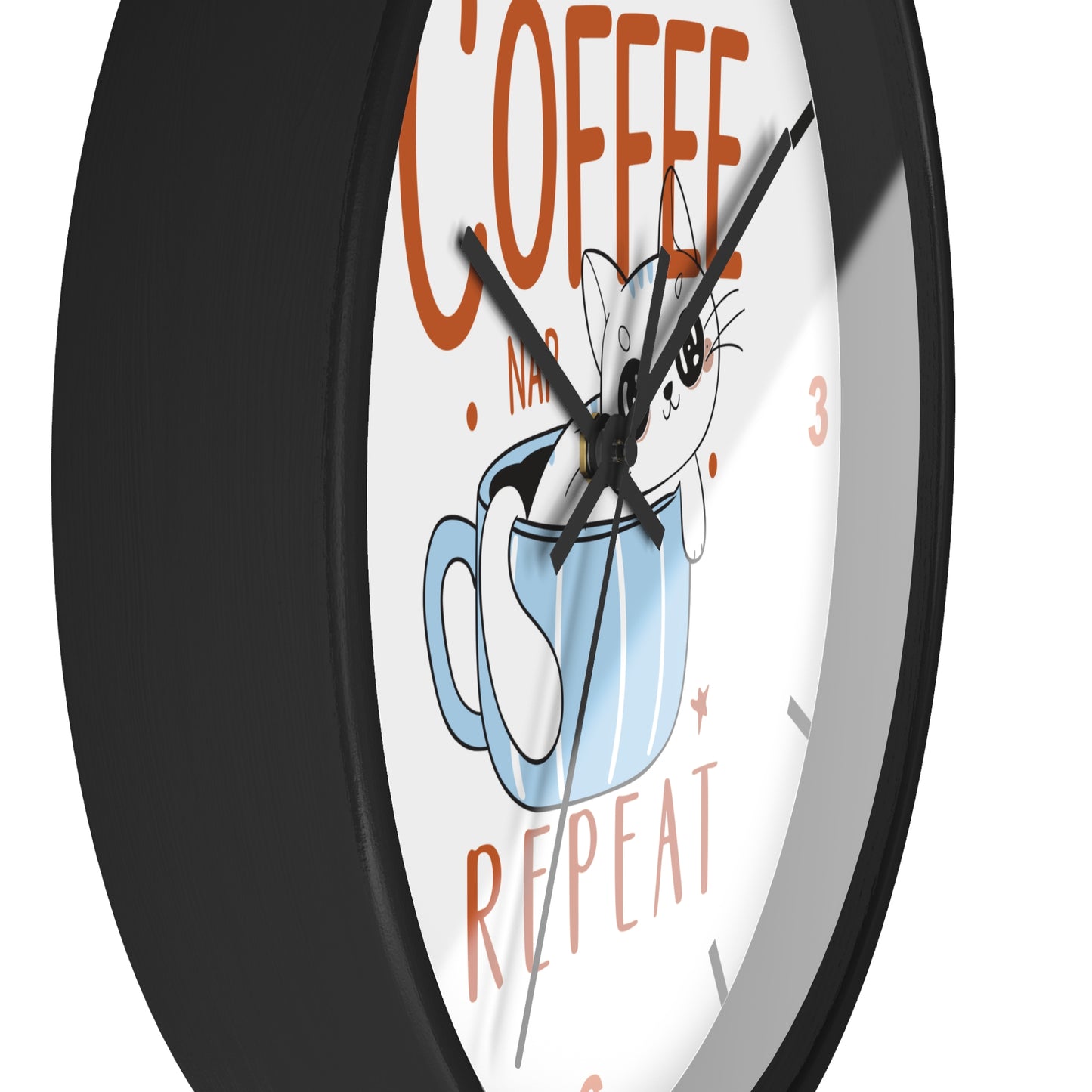 Coffee Nap Repeat Wall Clock | Cute Cat in Mug Kitchen Decor