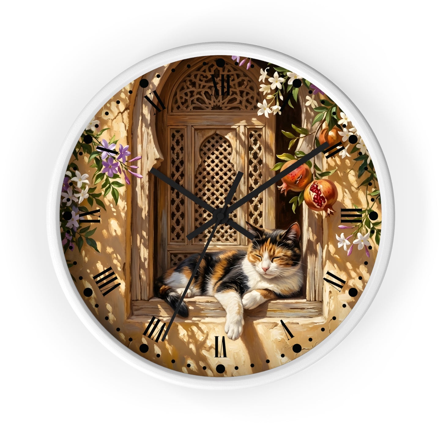 Round wall clock with a white rim and a printed design of a calico cat resting on a wooden window ledge, surrounded by flowers, pomegranates, and a warm beige background with black Roman numerals.