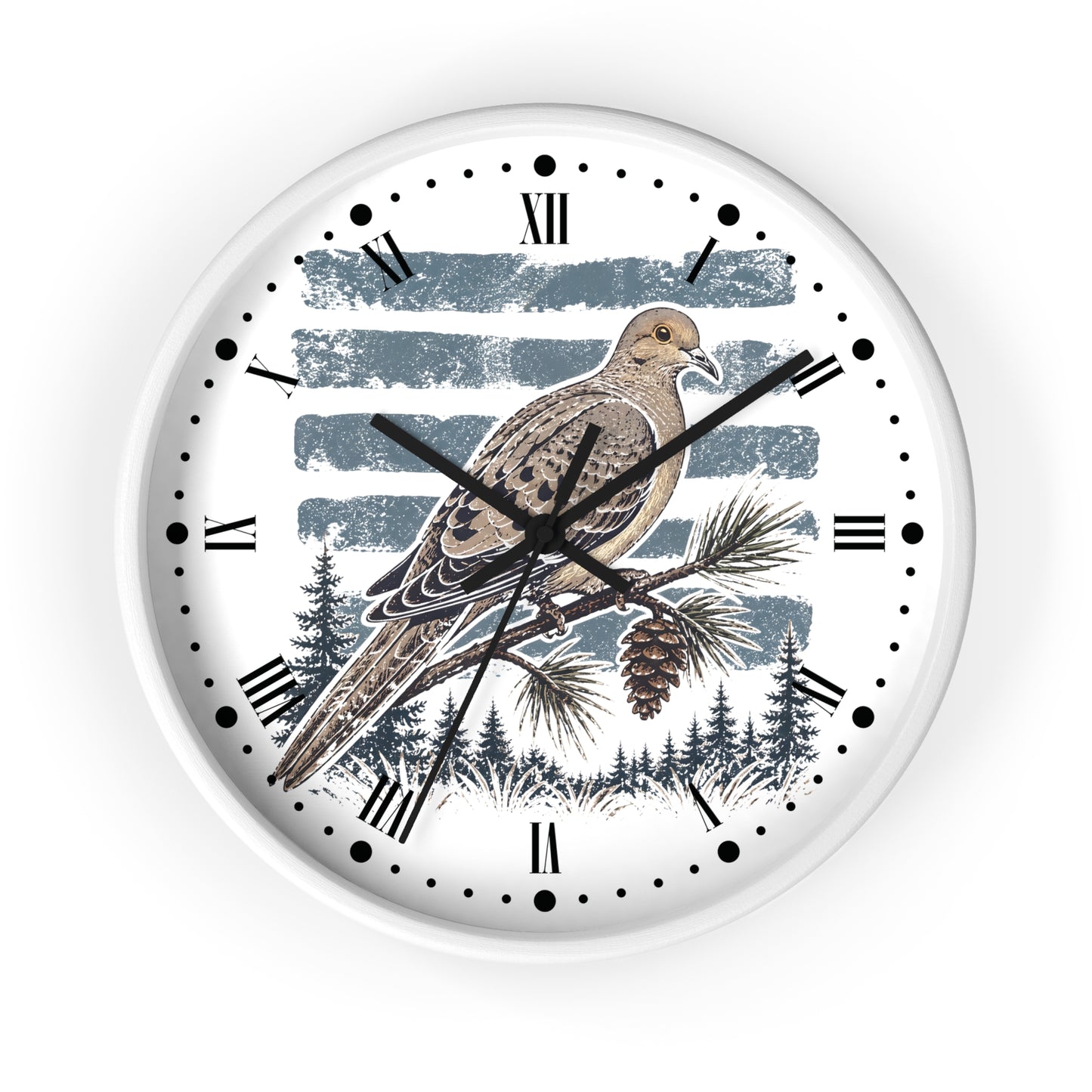 A round wall clock with a white frame and a printed bird illustration on the face. The design shows a brown and beige dove bird perched on a pine branch against a blue-gray striped background, with black Roman numerals and black clock hands.