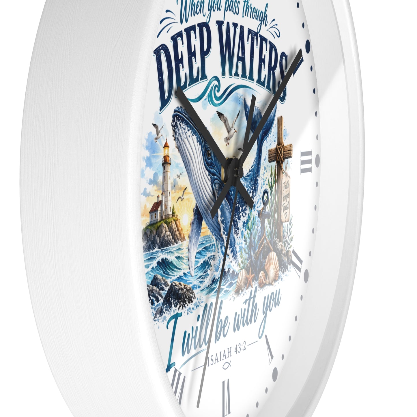 Christian Inspirational Wall Clock — 'When You Pass Through Deep Waters' (Isaiah 43:2)