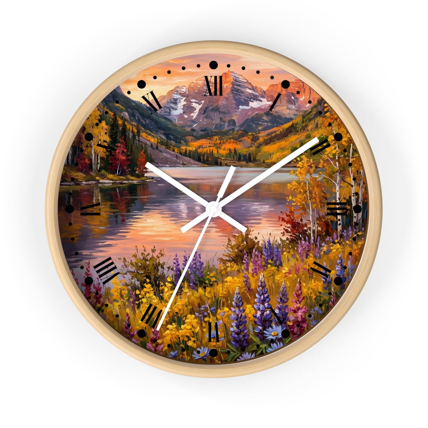 A round wall clock with a light wood frame and a scenic landscape print featuring a mountain lake, autumn trees, and wildflowers. The clock face has black Roman numerals and white hands, shown against a plain white background.