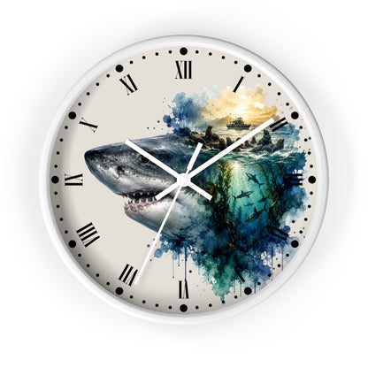 Ocean Shark & Seals Wall Clock — Watercolor Ship Nautical Art Decor