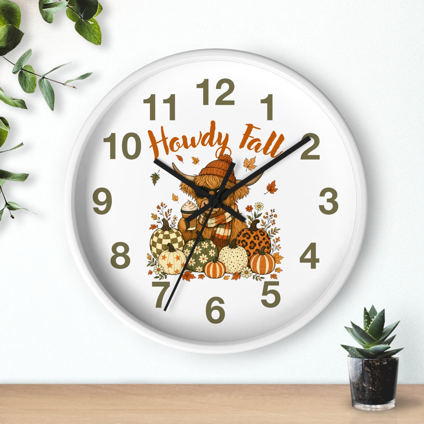 Howdy Fall Highland Cow Wall Clock | Autumn Pumpkin Decor
