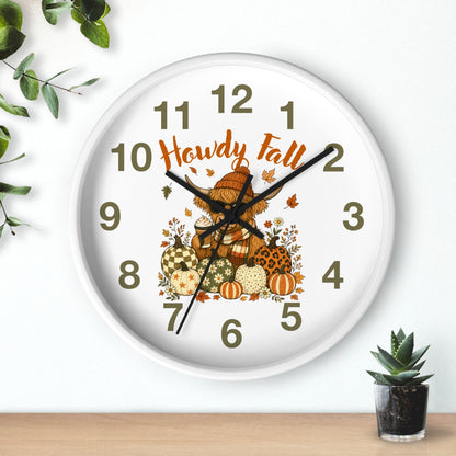 Howdy Fall Highland Cow Wall Clock | Autumn Pumpkin Decor