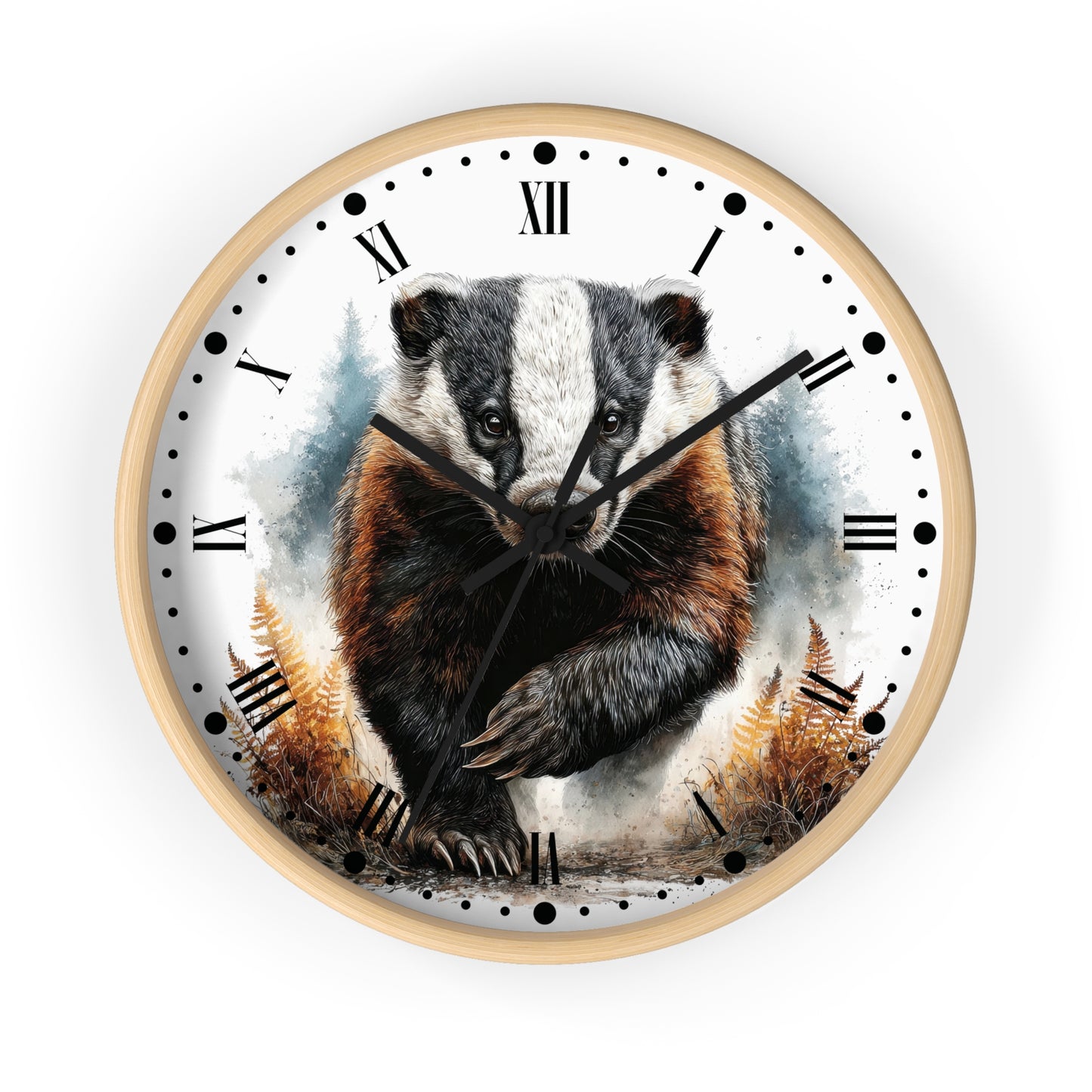 Round wall clock with a light wood frame and a printed watercolor-style design of a badger on the face, with black Roman numerals and hands on a white background.