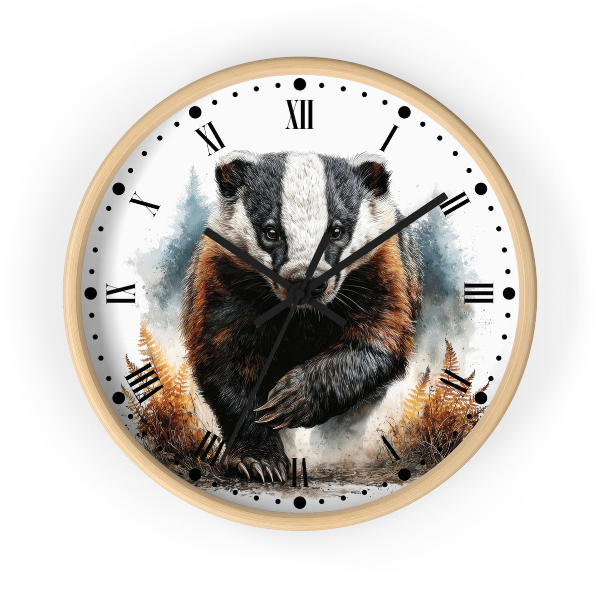Round wall clock with a light wood frame and a printed watercolor-style design of a badger on the face, with black Roman numerals and hands on a white background.