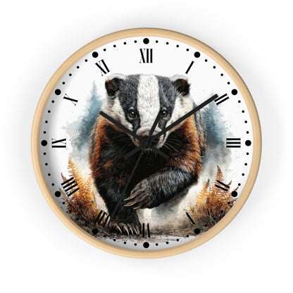 Round wall clock with a light wood frame and a printed watercolor-style design of a badger on the face, with black Roman numerals and hands on a white background.
