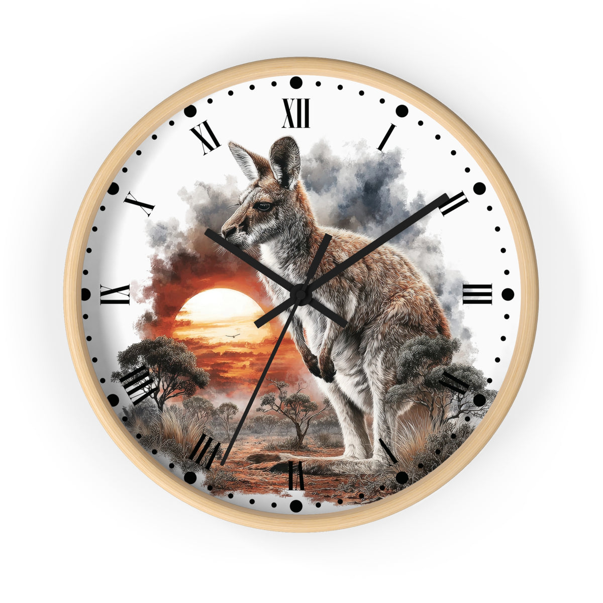 Round wall clock with a light wood frame and a printed scenic dial featuring a kangaroo over an Australian outback landscape at sunset, with black Roman numerals and hands on a white background.