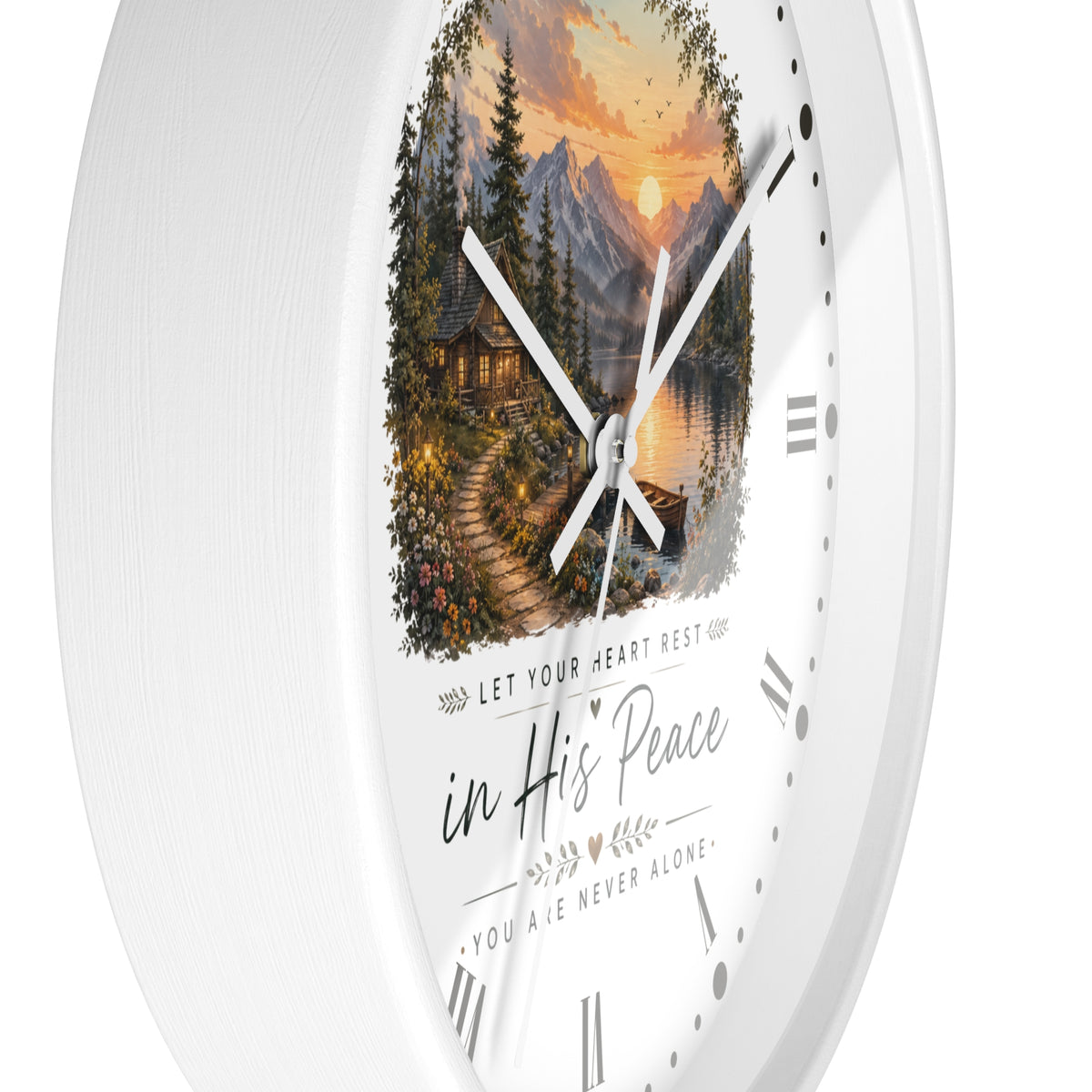Scenic Cabin Christian Wall Clock - 'In His Peace Let Your Heart Rest'