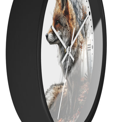 Round wall clock with a black frame and a printed fox illustration on the face, shown against a plain white background.