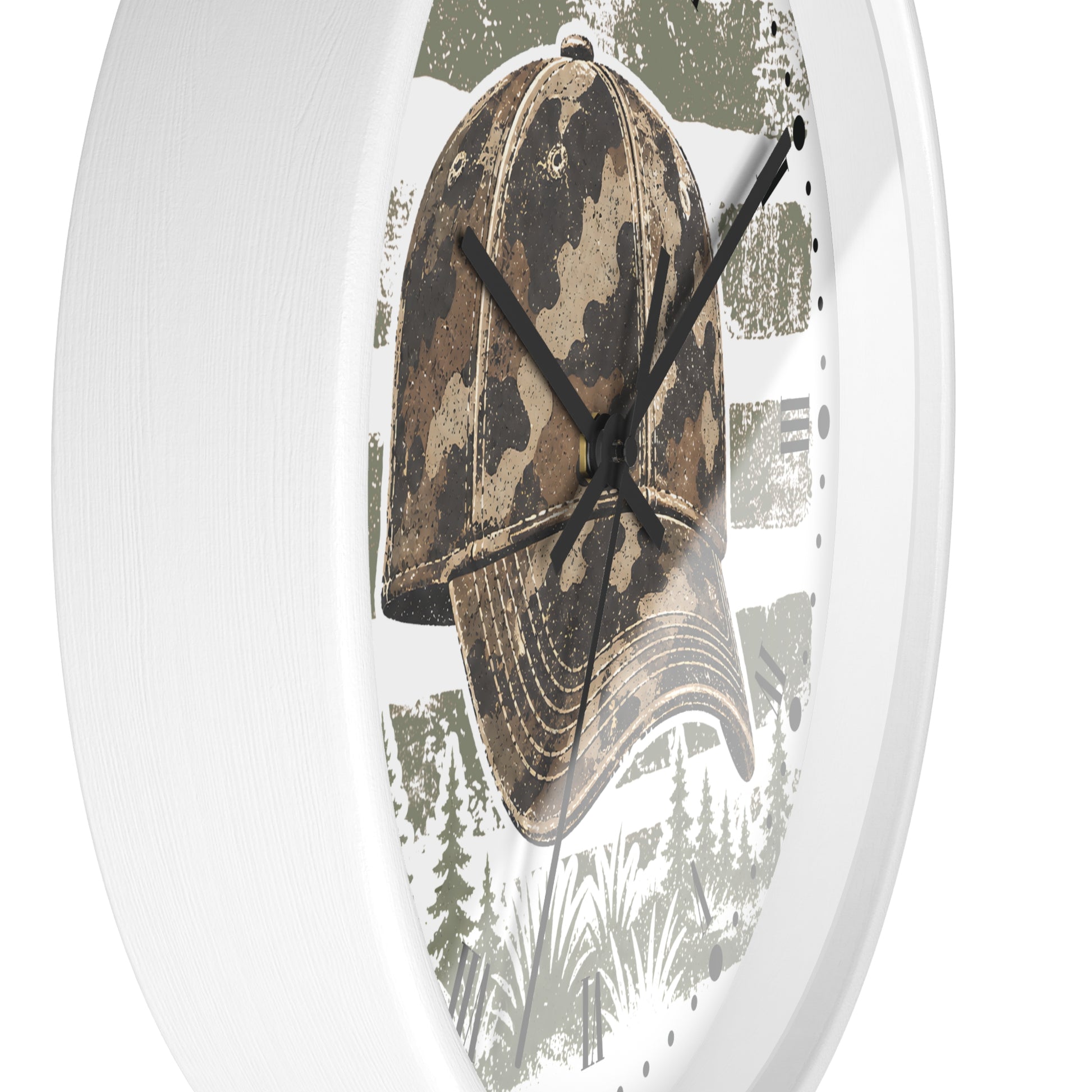 A white oval wall clock featuring a printed design of a camouflage baseball cap over a rustic forest and tree-stump background.