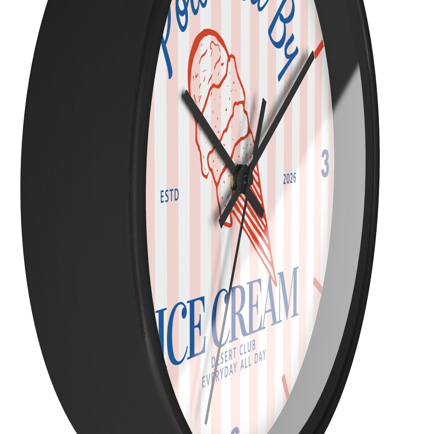 Desert Club Wall Clock | "Powered By Ice Cream" Retro Striped Dessert Kitchen Decor