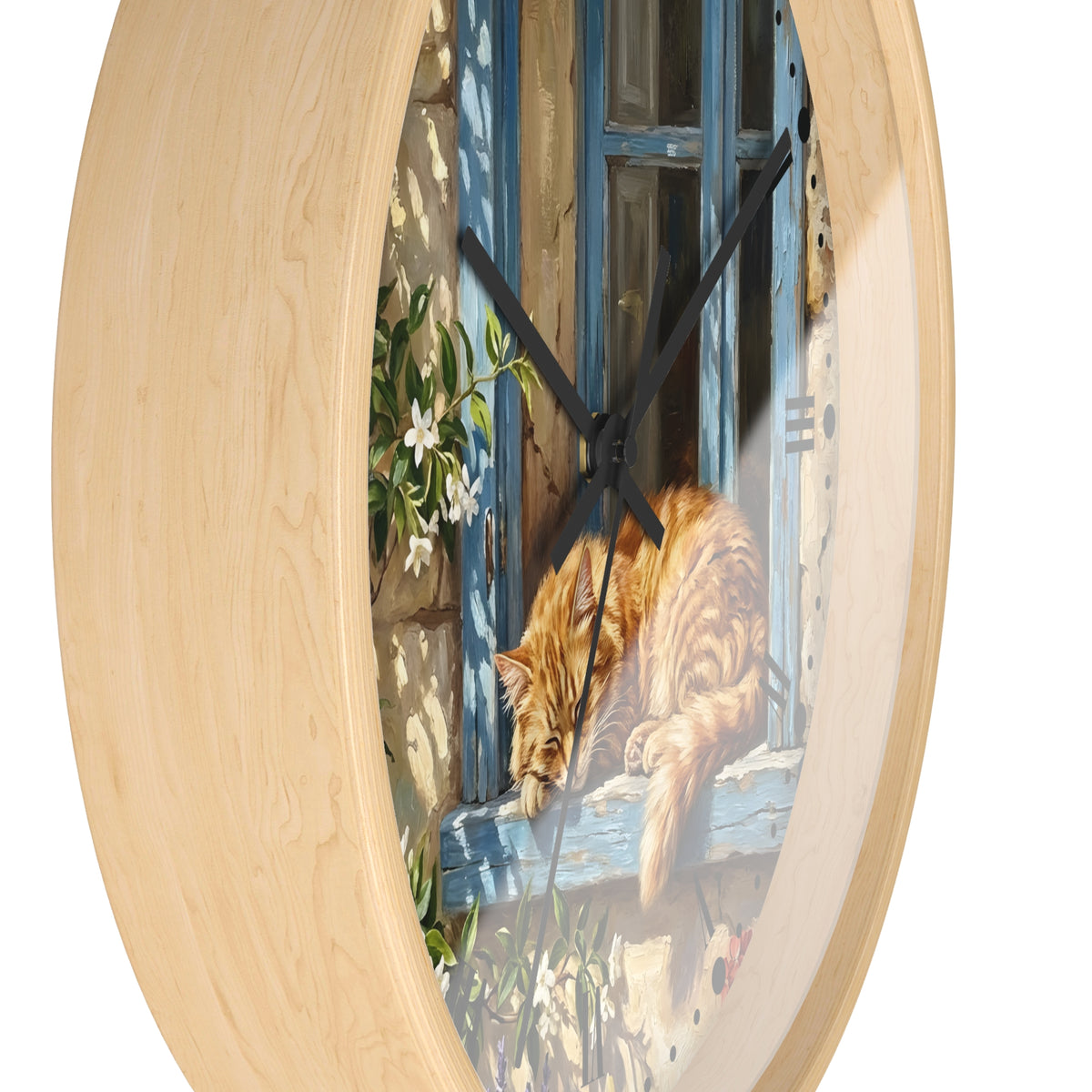 Round wall clock with a light natural wood frame and a printed illustration of an orange tabby cat resting on a blue window sill.