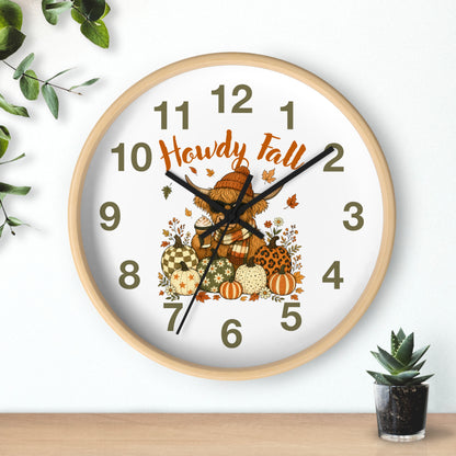 Howdy Fall Highland Cow Wall Clock | Autumn Pumpkin Decor