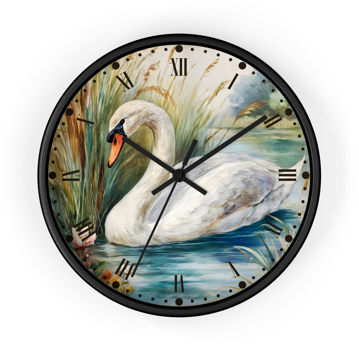 Round wall clock with a black frame and a printed swan painting on the face, featuring Roman numerals and black clock hands, shown against a plain white background.
