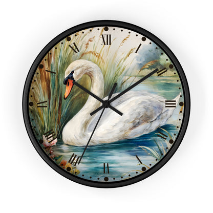 Round wall clock with a black frame and a printed swan painting on the face, featuring Roman numerals and black clock hands, shown against a plain white background.