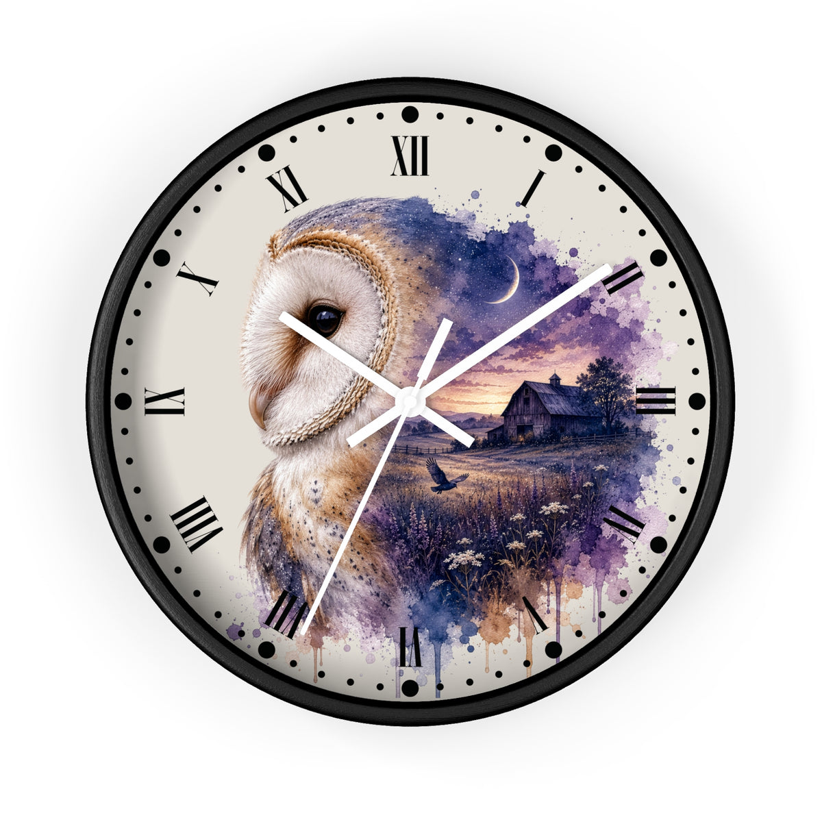 A round wall clock with a black frame and a printed owl landscape design on the face. The artwork shows a large barn owl in the foreground with a purple and blue watercolor sky, moon, and a small house in the background.
