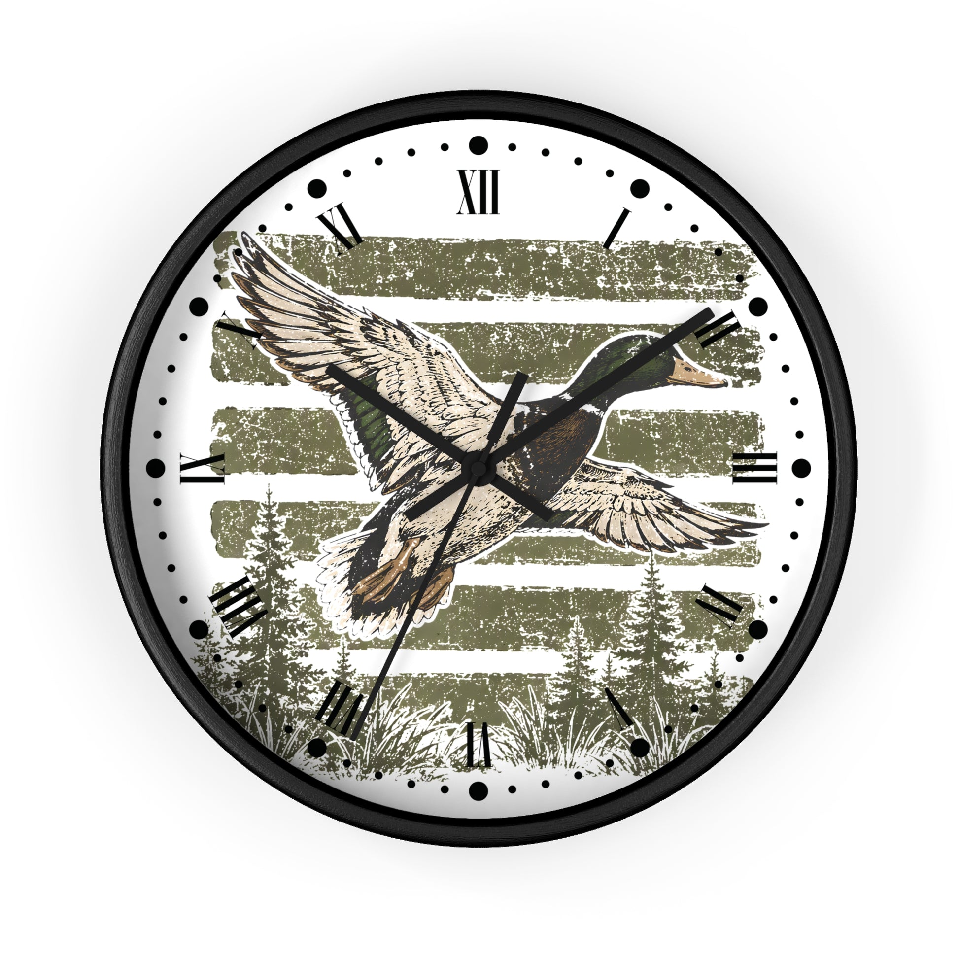 Round wall clock with a black frame and a printed dial featuring a flying mallard duck over olive-green striped trees, with Roman numerals and black hour markers.