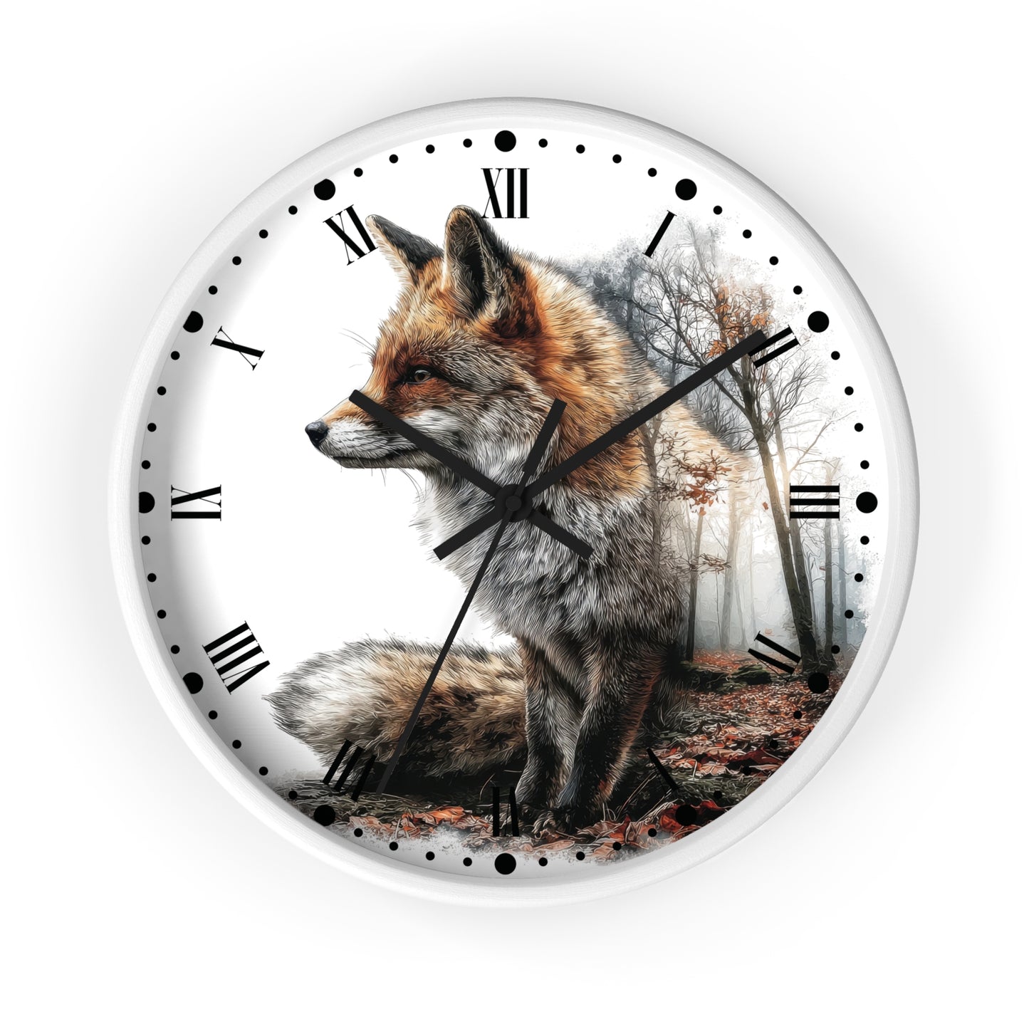 A round wall clock with a white frame and a printed design of a fox standing in a misty forest. The clock face has black Roman numerals, black hour markers with dot indicators, and black clock hands.