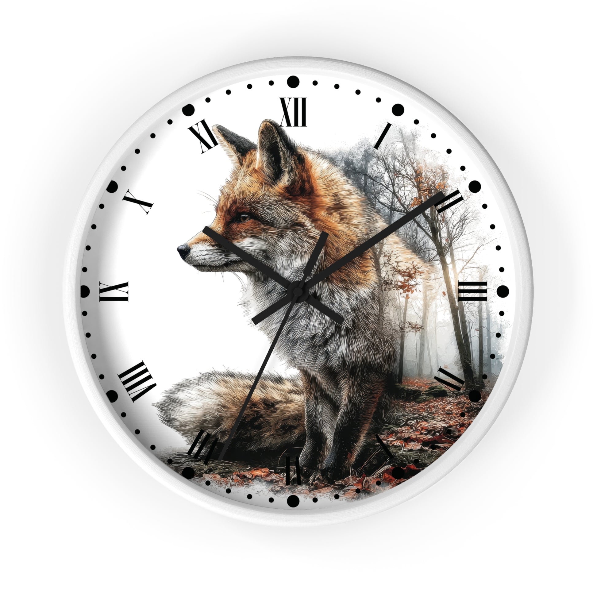 A round wall clock with a white frame and a printed design of a fox standing in a misty forest. The clock face has black Roman numerals, black hour markers with dot indicators, and black clock hands.