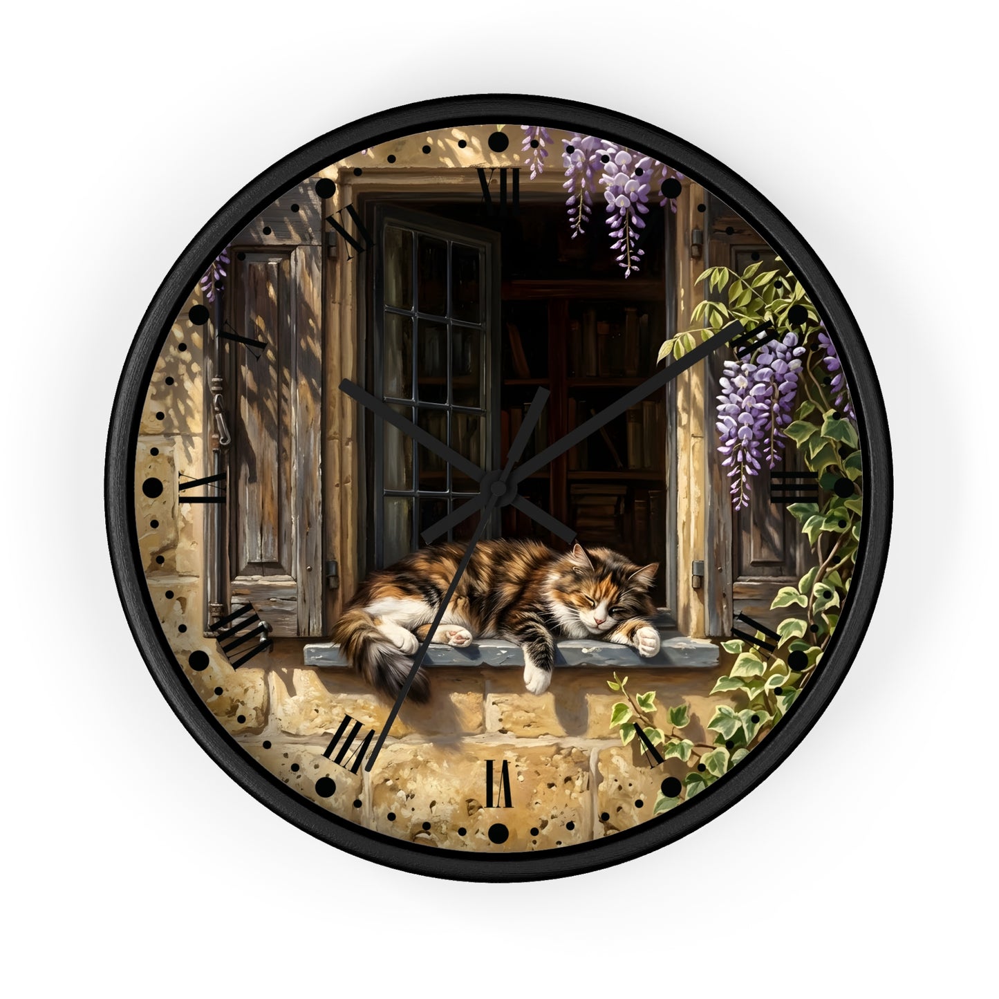 Round wall clock with a black frame and a printed illustration of a fluffy orange-and-white cat resting on a stone windowsill, with wooden shutters, a dark window interior, purple wisteria flowers, and green ivy. Roman numerals are printed around the edge.
