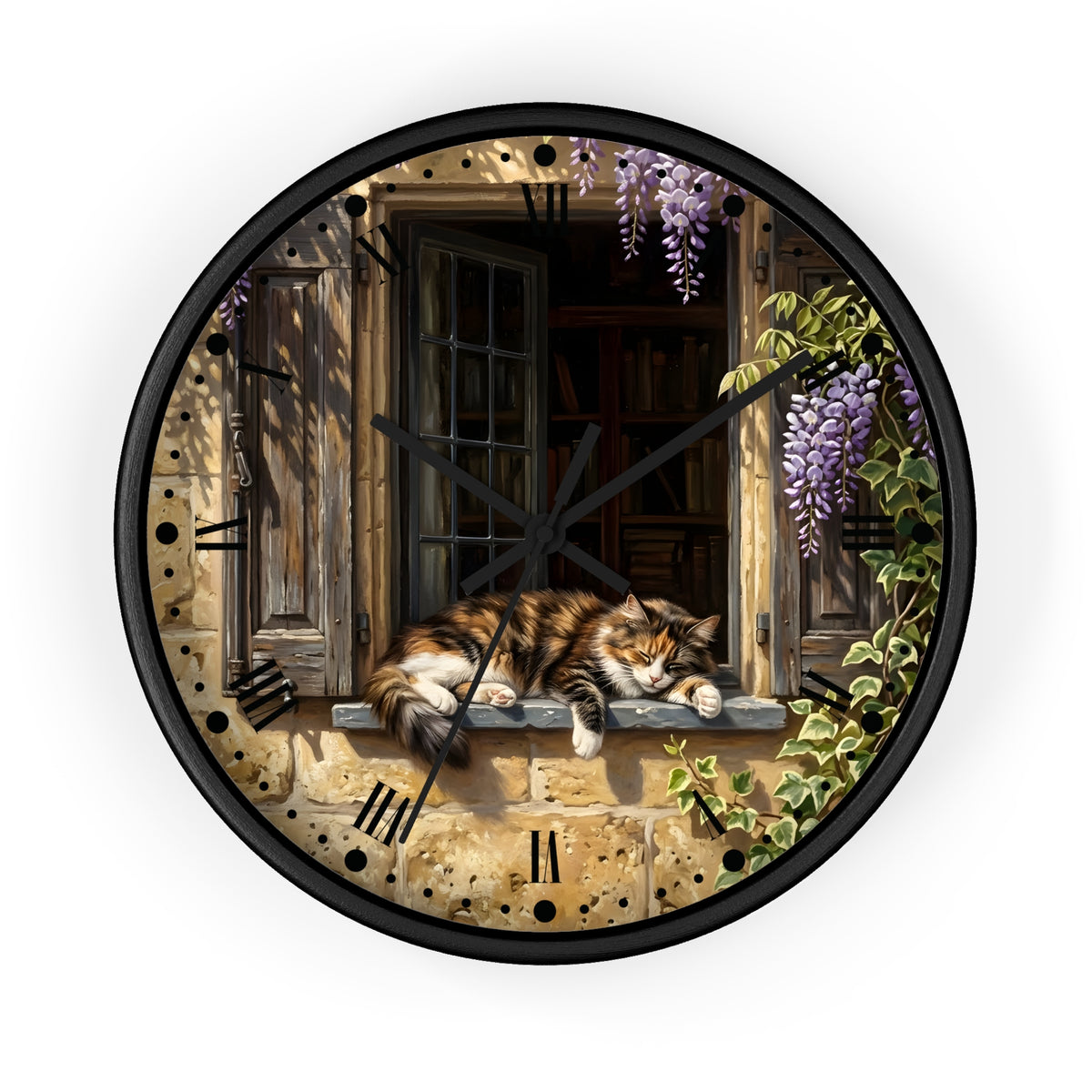 Round wall clock with a black frame and a printed illustration of a fluffy orange-and-white cat resting on a stone windowsill, with wooden shutters, a dark window interior, purple wisteria flowers, and green ivy. Roman numerals are printed around the edge.