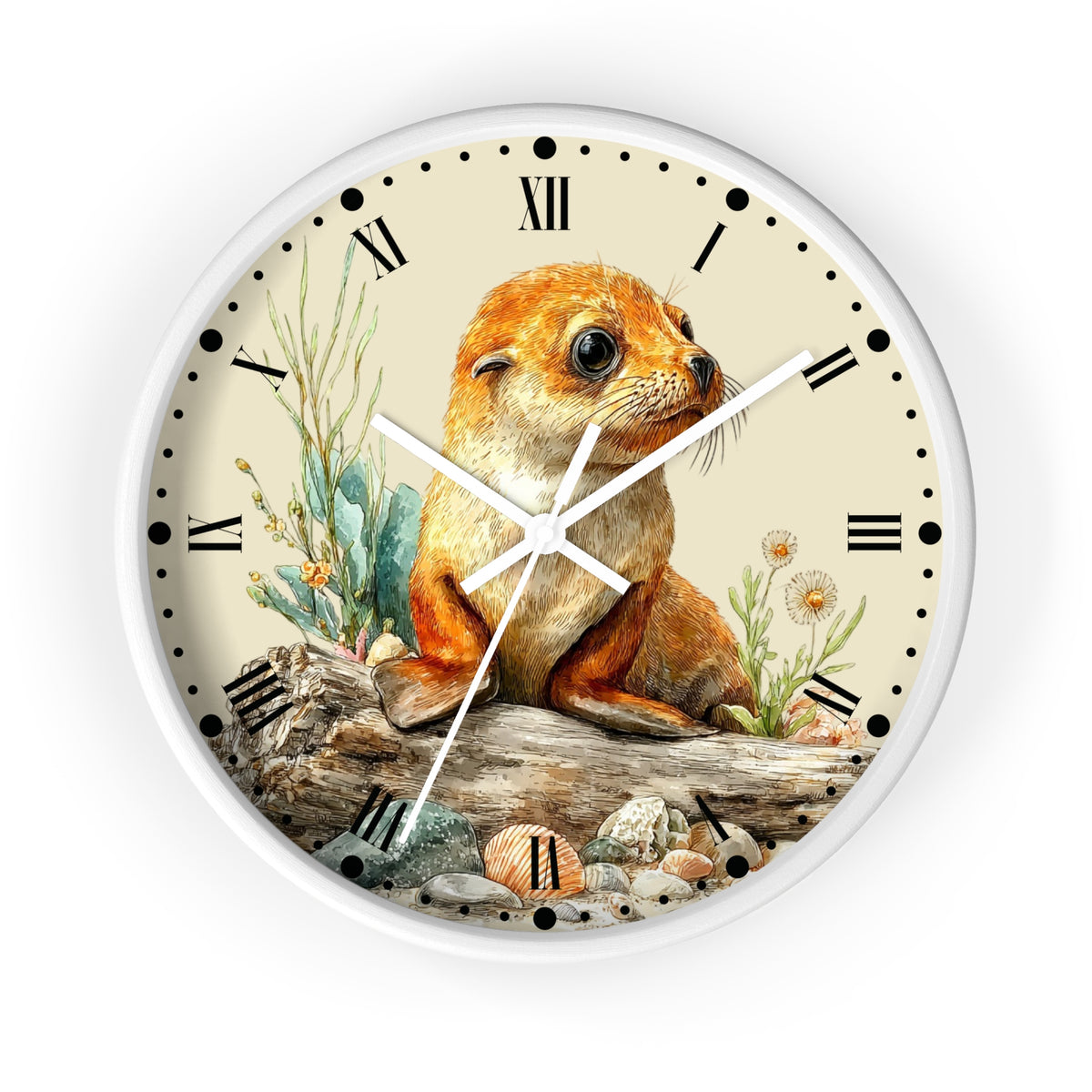 Round wall clock with a white frame and a cream-colored face featuring an illustration of a brown seal pup sitting on driftwood with plants and shells. The clock has black Roman numerals and white hands.