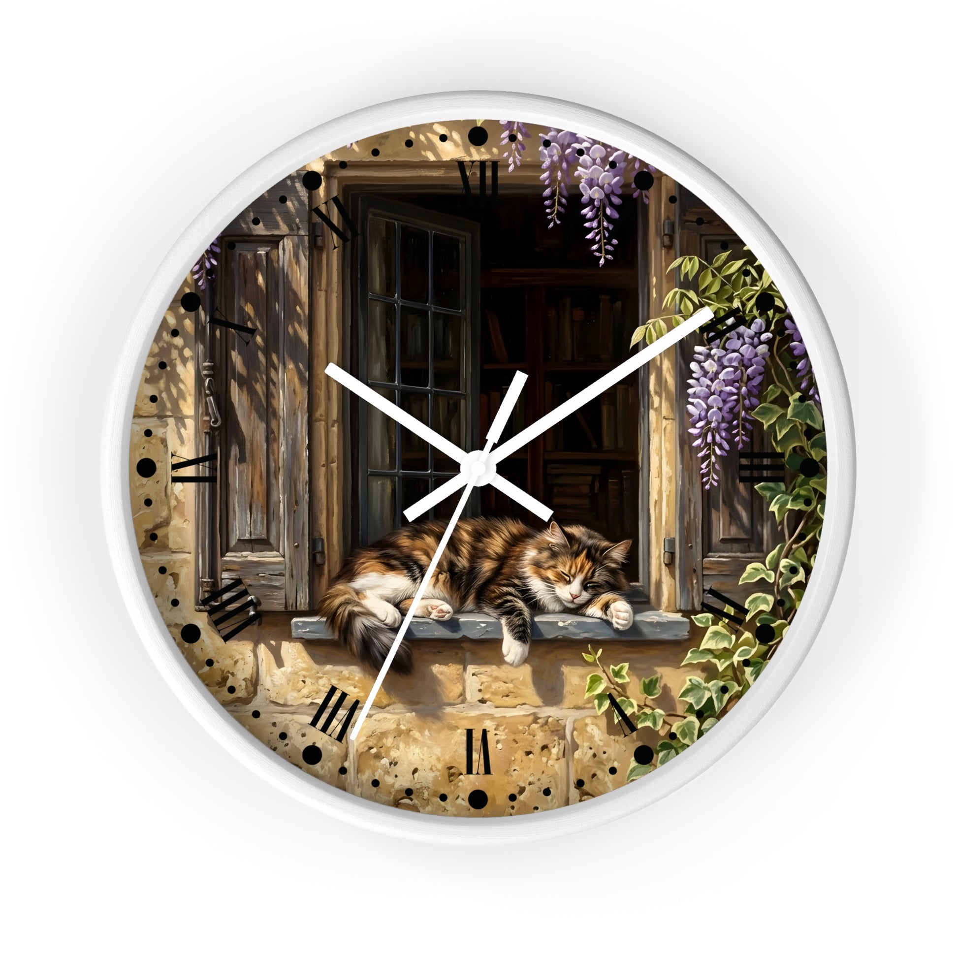 Round wall clock with a white frame and a printed illustration of a fluffy orange tabby cat resting on a stone window sill, surrounded by purple wisteria flowers and green ivy, with black Roman numerals and white clock hands.