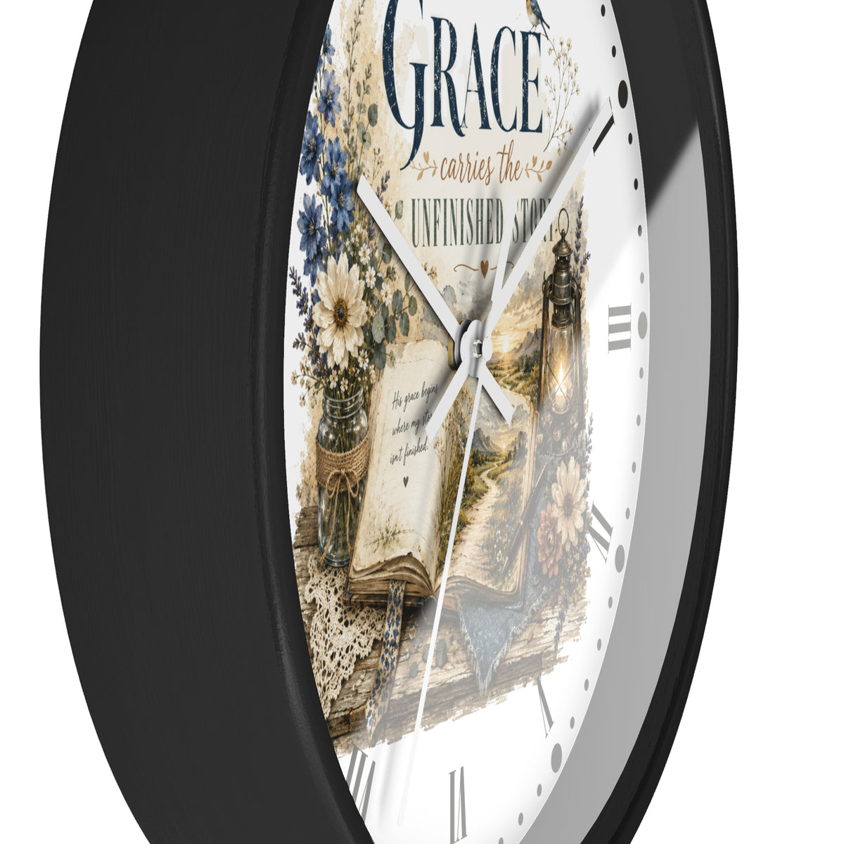 Grace Carries the Unfinished Story Wall Clock — Inspirational Rustic Farmhouse Decor