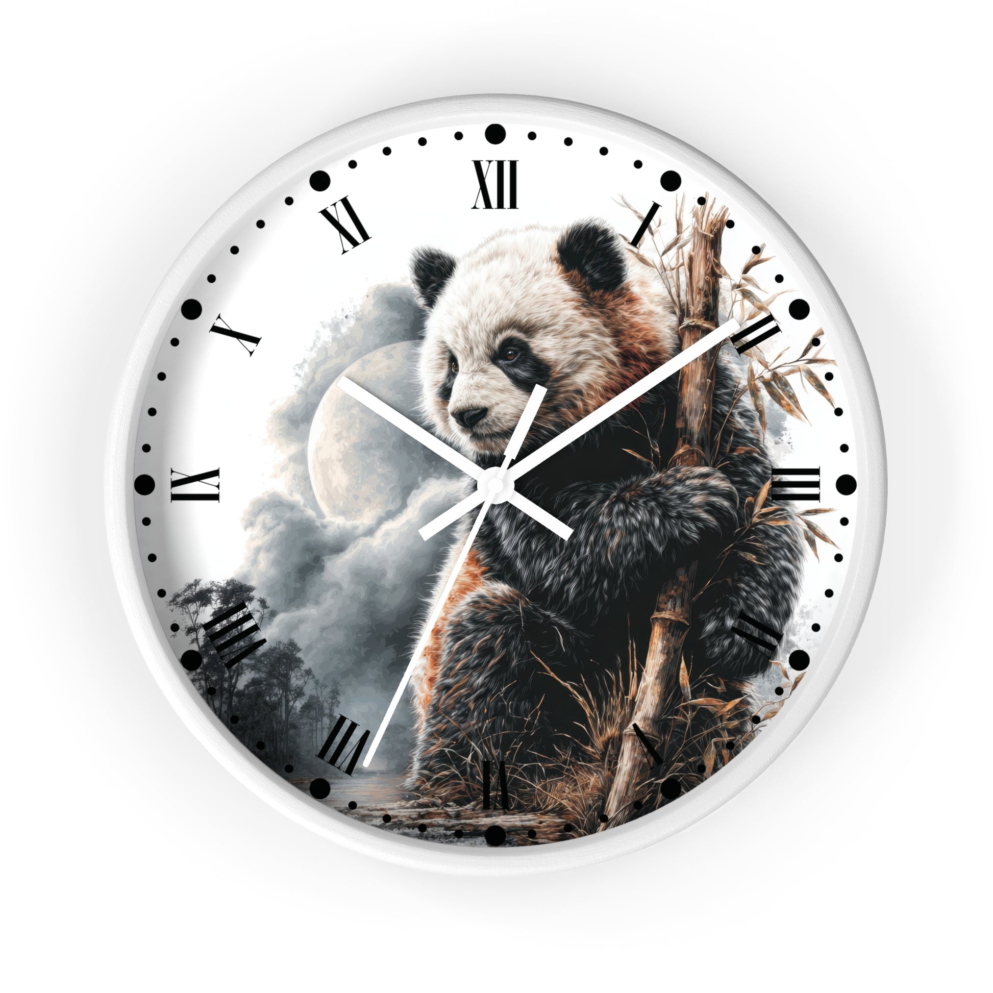 A round wall clock with a white frame and a printed panda illustration on the face. The design shows a panda holding bamboo in front of a cloudy sky and moon, with black Roman numerals and white clock hands.