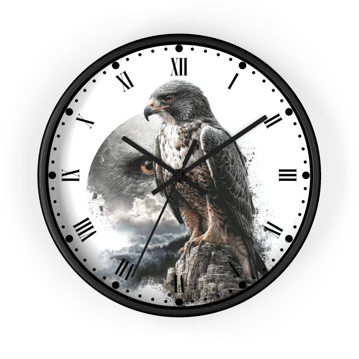A round wall clock with a black frame and a white face featuring a large hawk perched on a rock, with a cloudy sky and mountain scene behind it. The clock uses Roman numerals for hour markers and has black hands.