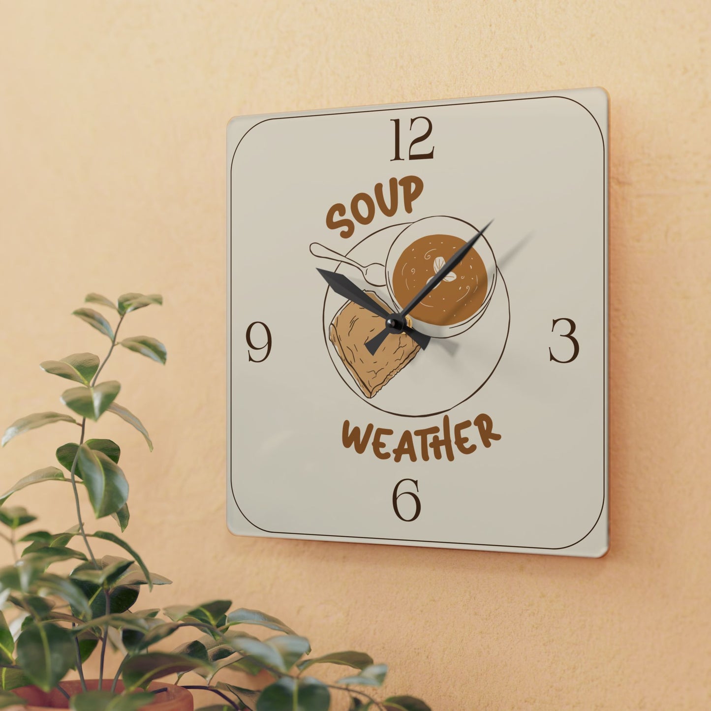 Soup Weather Acrylic Wall Clock — Cozy Kitchen Clock with Soup & Bread Illustration
