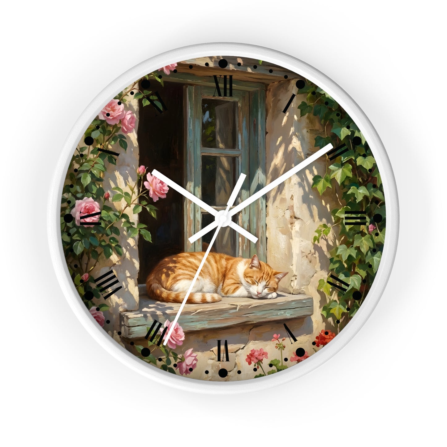 Orange & White Cat Napping Garden Wall Clock — Vintage Floral Window Scene