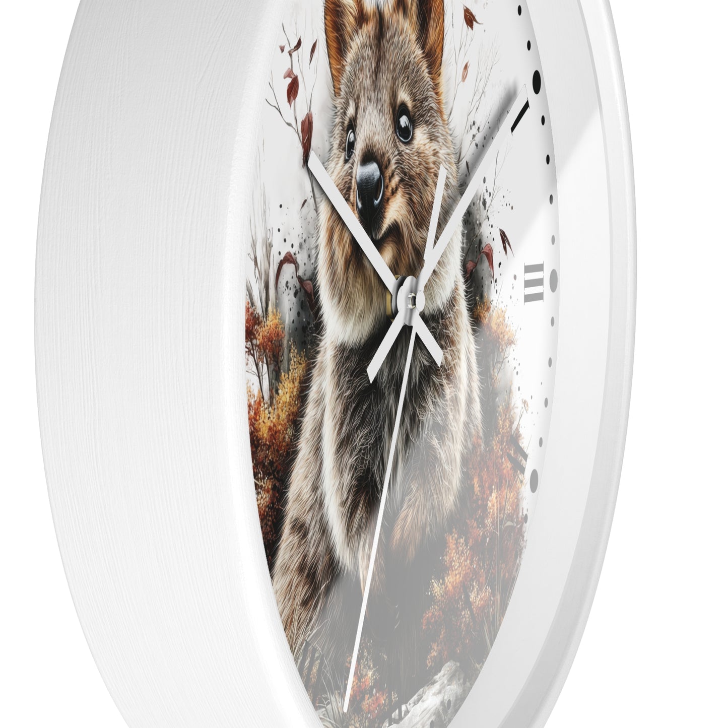 A round white wall clock with a printed quokka illustration on the face, shown against a plain white background.