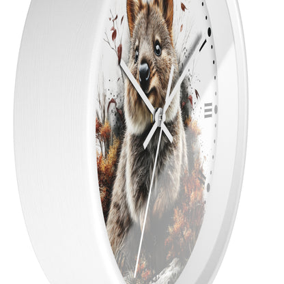 A round white wall clock with a printed quokka illustration on the face, shown against a plain white background.