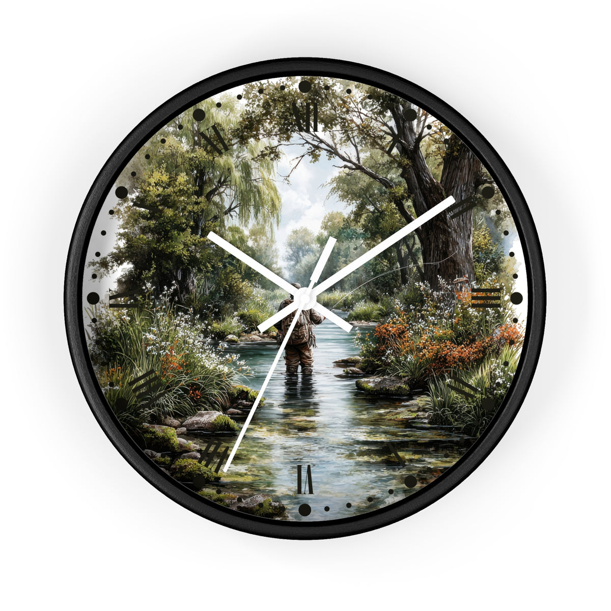 A round wall clock with a black frame and a scenic nature print on the face, showing a fly-fishing scene in a stream. The clock has white hands and no numerals, set against a plain white background.