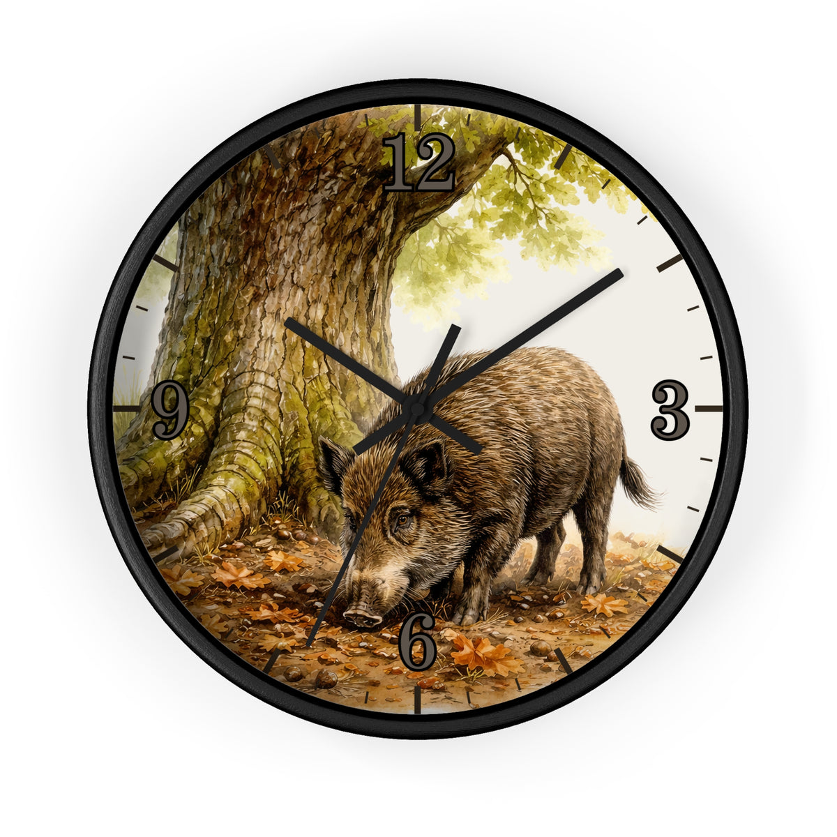 Round wall clock with a black frame and a printed nature scene on the dial showing a wild boar in front of a tree with autumn leaves. The clock face has black Arabic numerals and black hands, photographed on a plain white background.