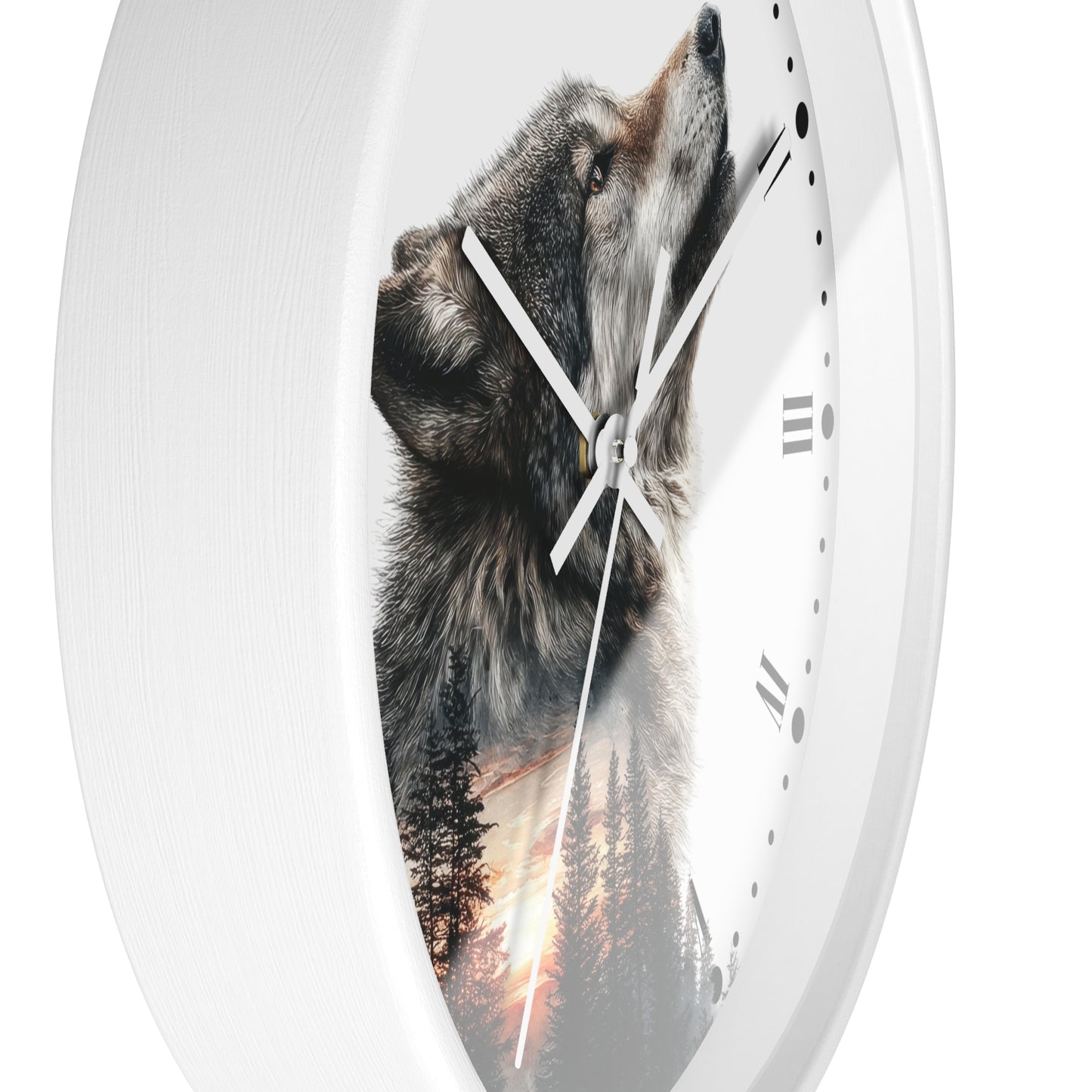 Wolf  Sunset Wall Clock with Roman Numerals — Rustic Forest Animal Decor