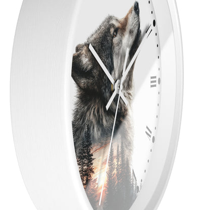 Wolf  Sunset Wall Clock with Roman Numerals — Rustic Forest Animal Decor