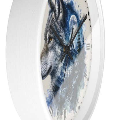 A round wall clock with a white textured frame and a printed face featuring a wolf's head in profile against a blue moonlit watercolor background with Roman numerals.