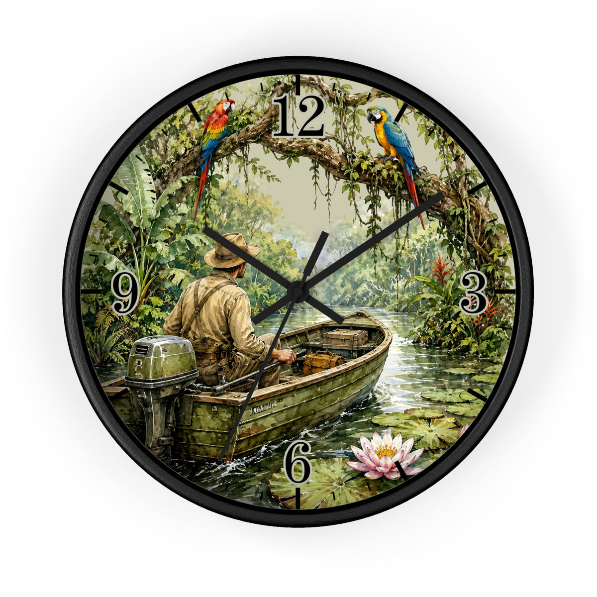 Round wall clock with a black frame and a tropical jungle scene printed on the face. A man in a motorboat is visible near the lower left, with colorful parrots at the 12 and 3 positions and a pink water lily near the 6.