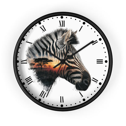 Zebra Sunset Wall Clock with Roman Numerals — African Savanna Animal Decor